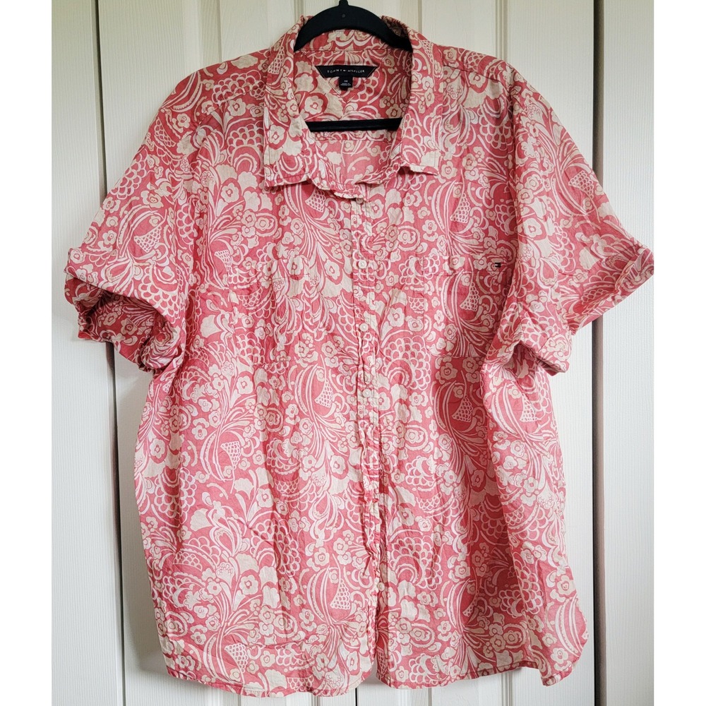 Tommy Hilfiger 3X Women's Button-Up Top Floral Print Short Sleeve Shirt 3X NEW